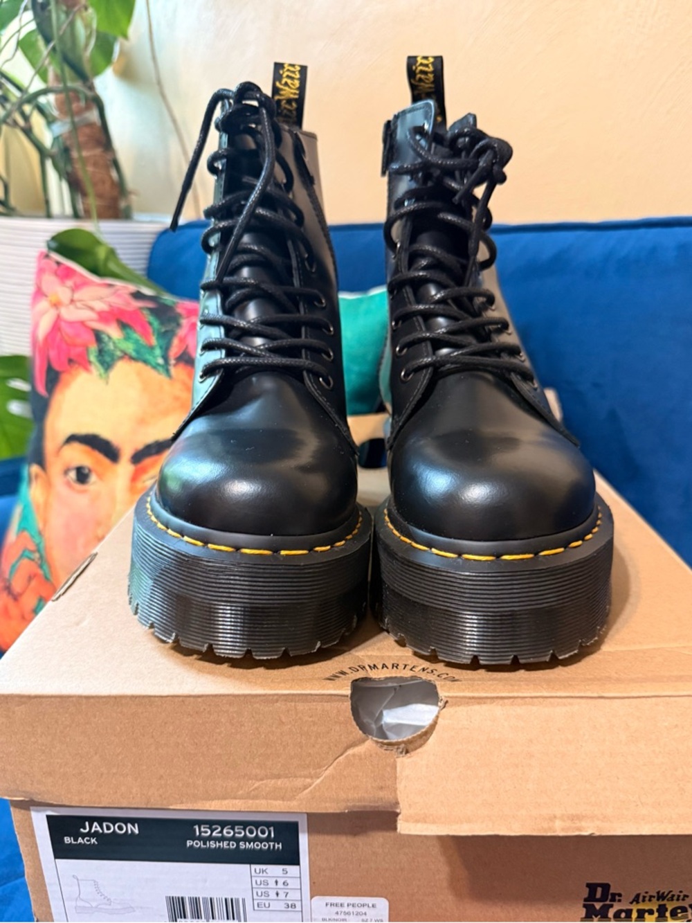 Dr. Martens Jason Black Lace-Up Platform Combat Boots with Yellow Stitching